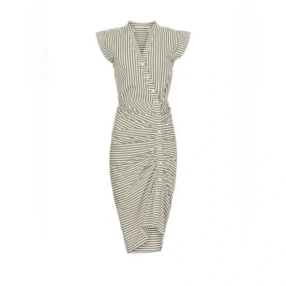 Veronica Beard Ruched Striped Shirtdress White & Olive Green Size 8 - Picture 13 of 13